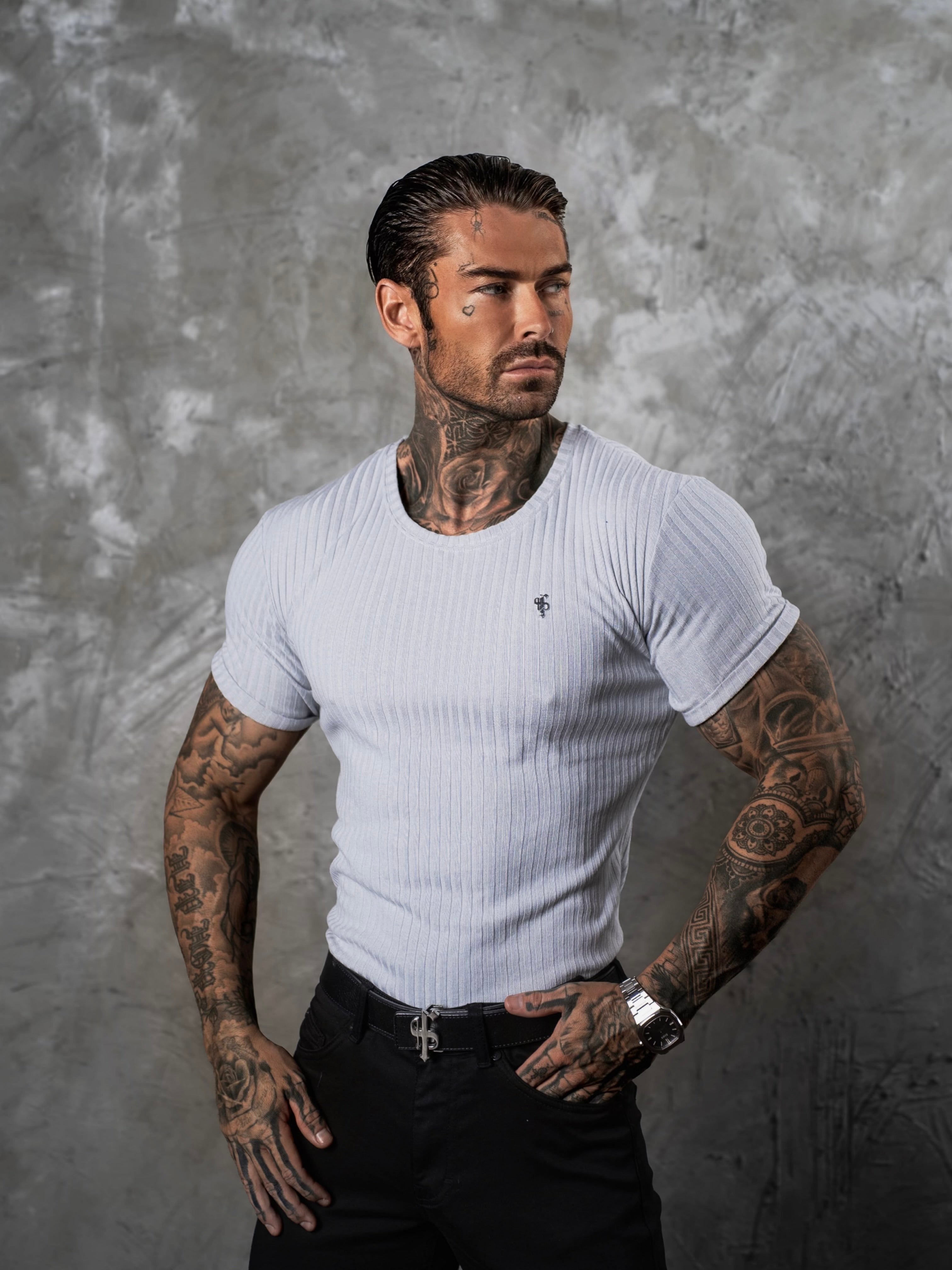 Father Sons Classic Light Grey / Silver Ribbed Knit Super Slim Short Sleeve Crew - FSH1085