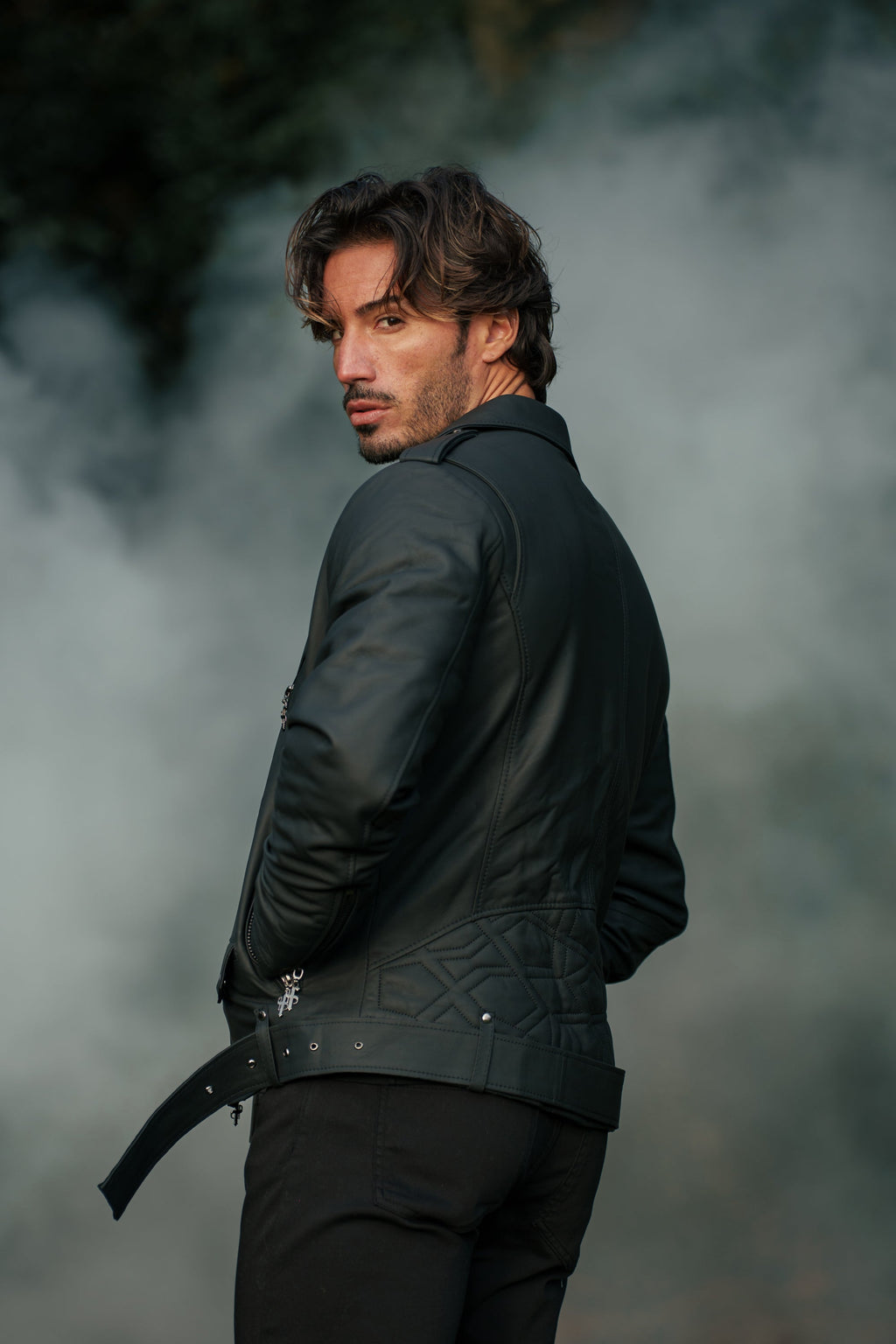 Father Sons Black Leather Jacket with Belt Detail - FSH313