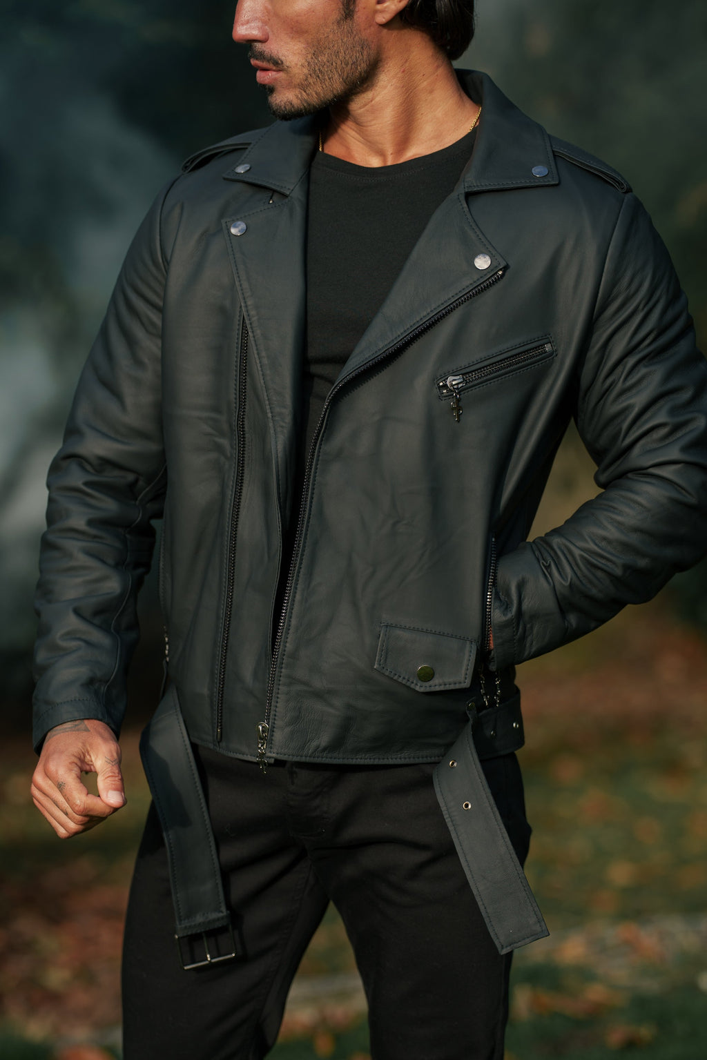 Father Sons Black Leather Jacket with Belt Detail - FSH313