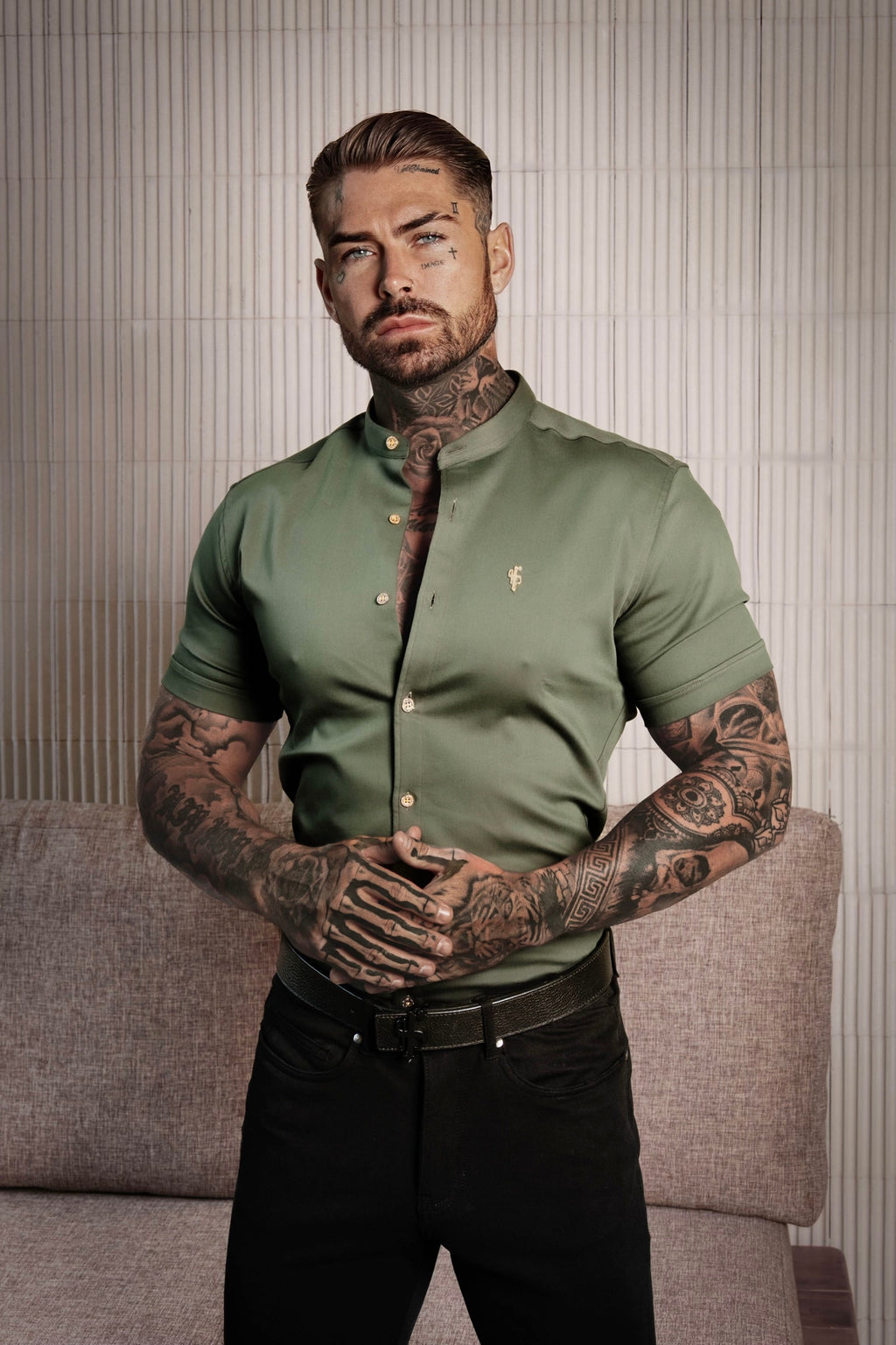 Father Sons Super Slim Stretch Khaki Denim Short Sleeve Grandad collar with Metal Buttons and Decal Emblem - FS716