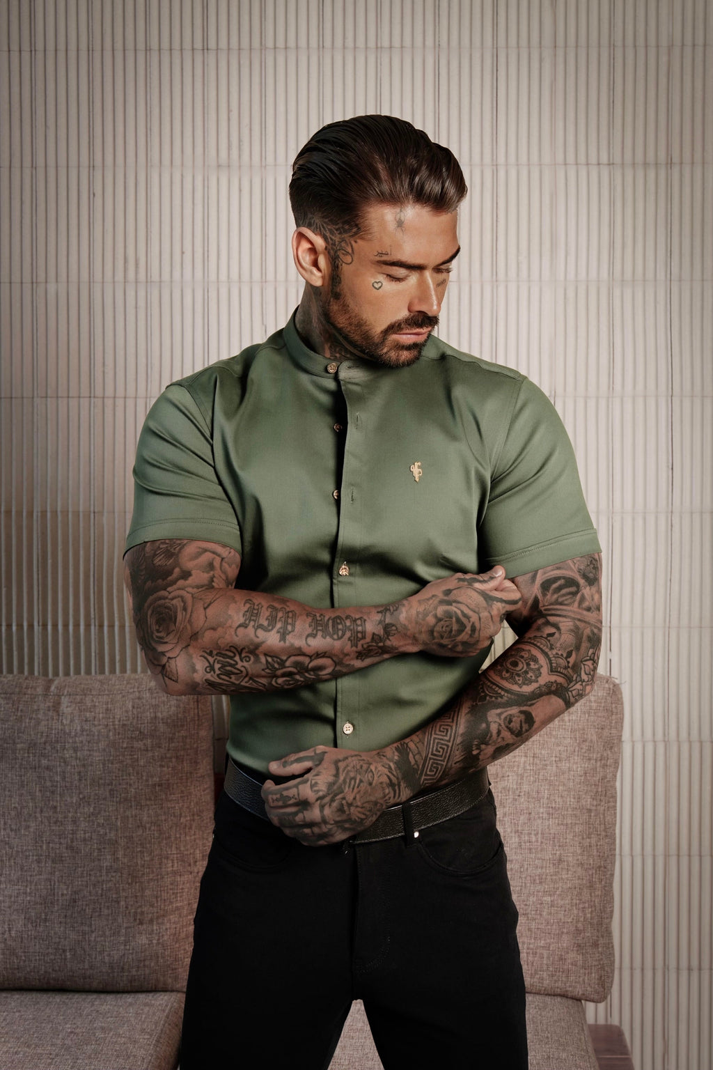 Father Sons Super Slim Stretch Khaki Denim Short Sleeve Grandad collar with Metal Buttons and Decal Emblem - FS716