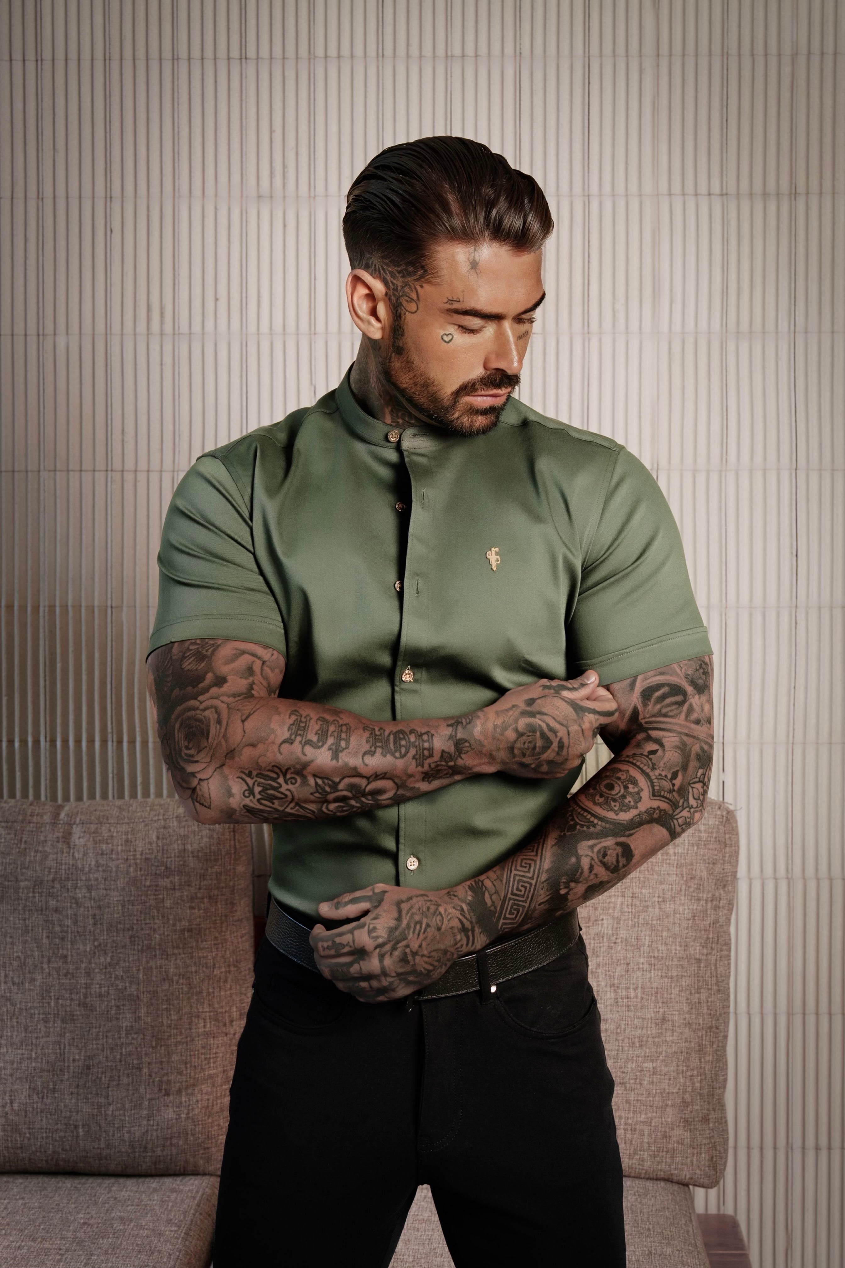 Father Sons Super Slim Stretch Khaki Denim Short Sleeve Grandad collar with Metal Buttons and Decal Emblem - FS716