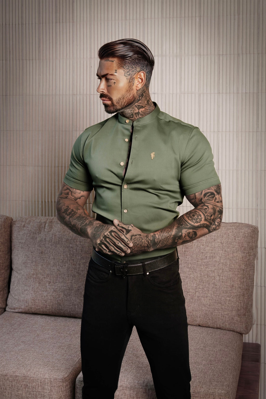 Father Sons Super Slim Stretch Khaki Denim Short Sleeve Grandad collar with Metal Buttons and Decal Emblem - FS716