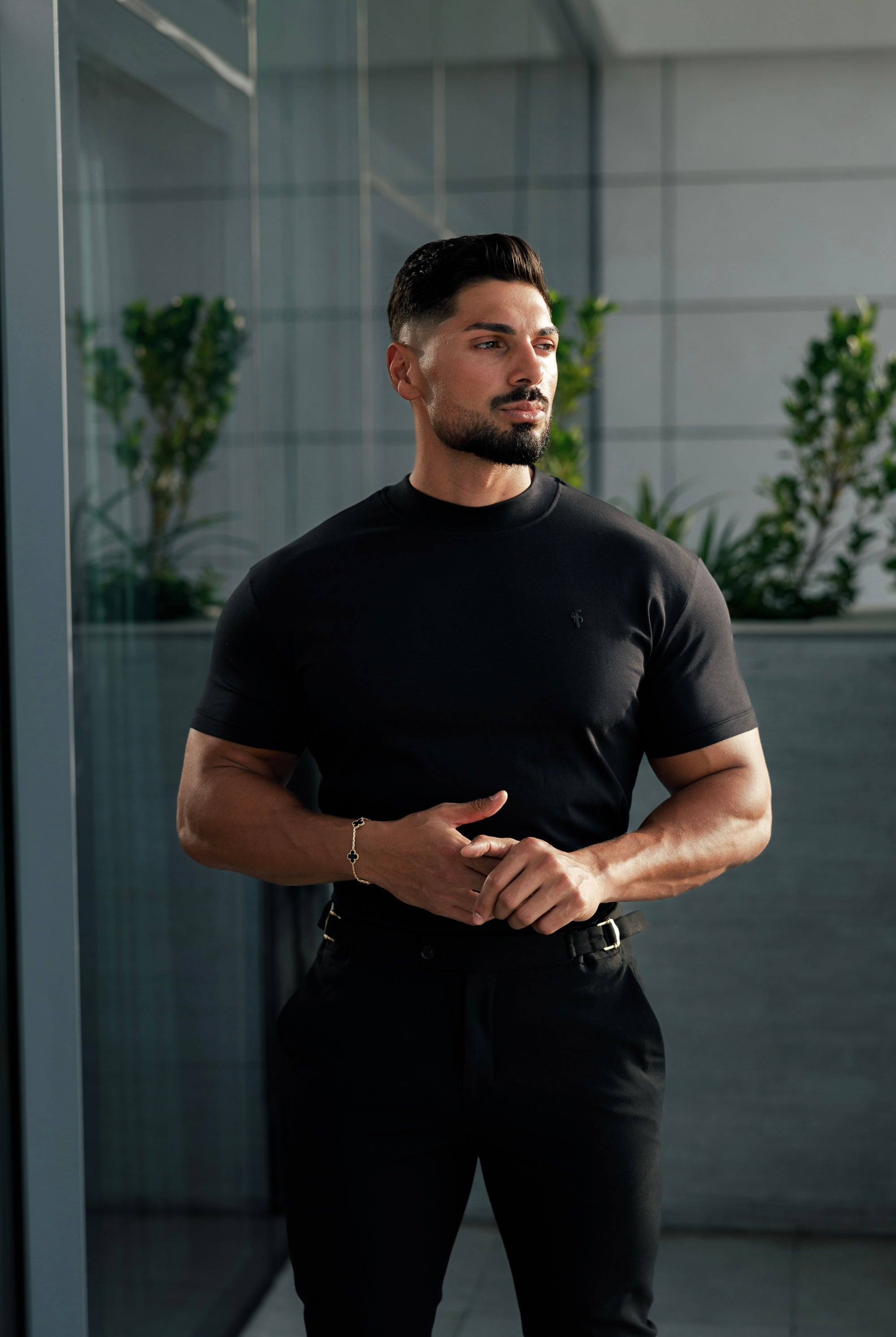 Father Sons Ribbed High Neck Crew Short Sleeve Black / Black Metal Emblem  - FSH1004