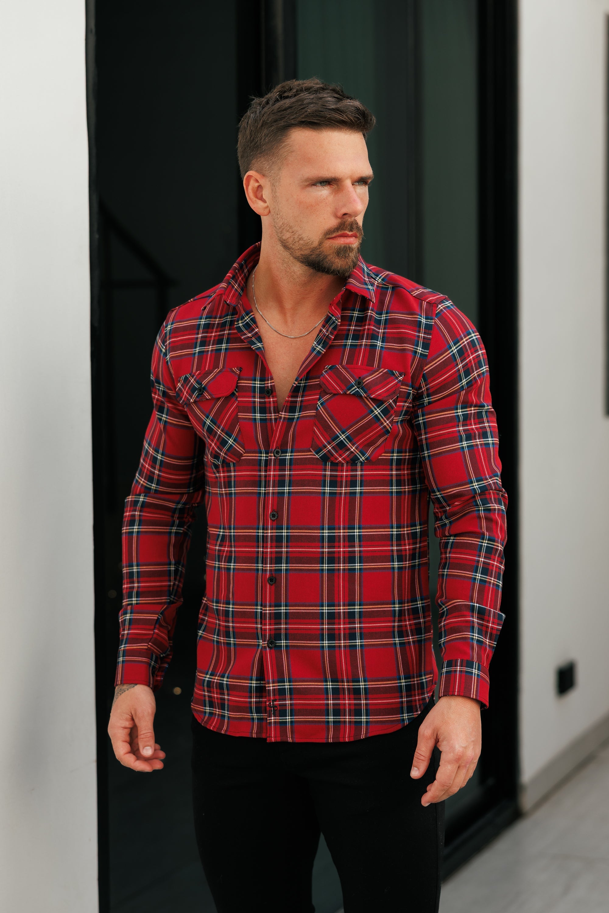 Father Sons Red Tartan Check Shacket With Double Pockets - FS1036
