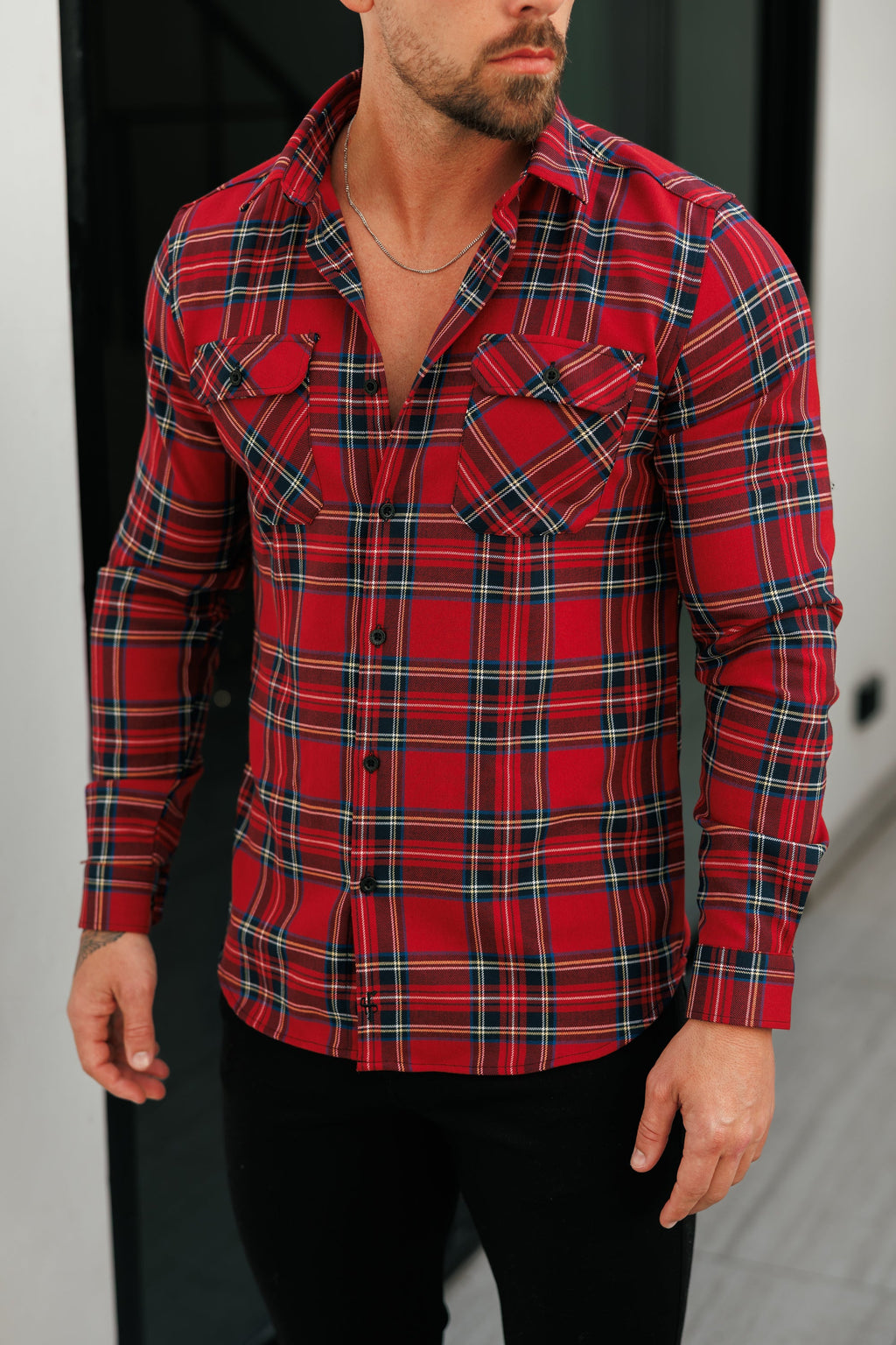 Father Sons Red Tartan Check Shacket With Double Pockets - FS1036