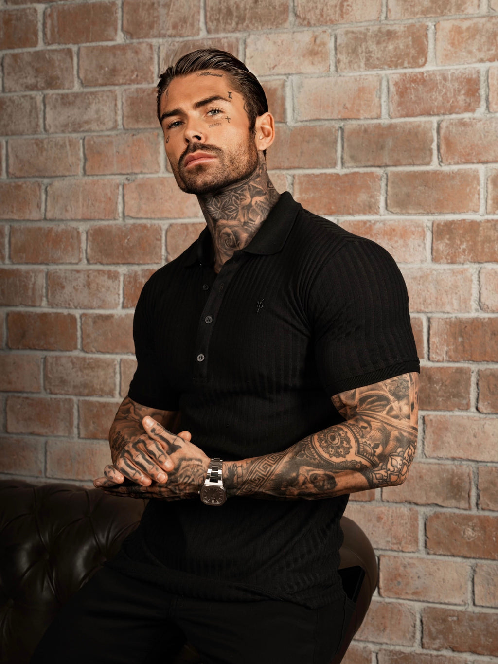 Father Sons Classic Black Ribbed Polo Shirt Short Sleeve - FSH551