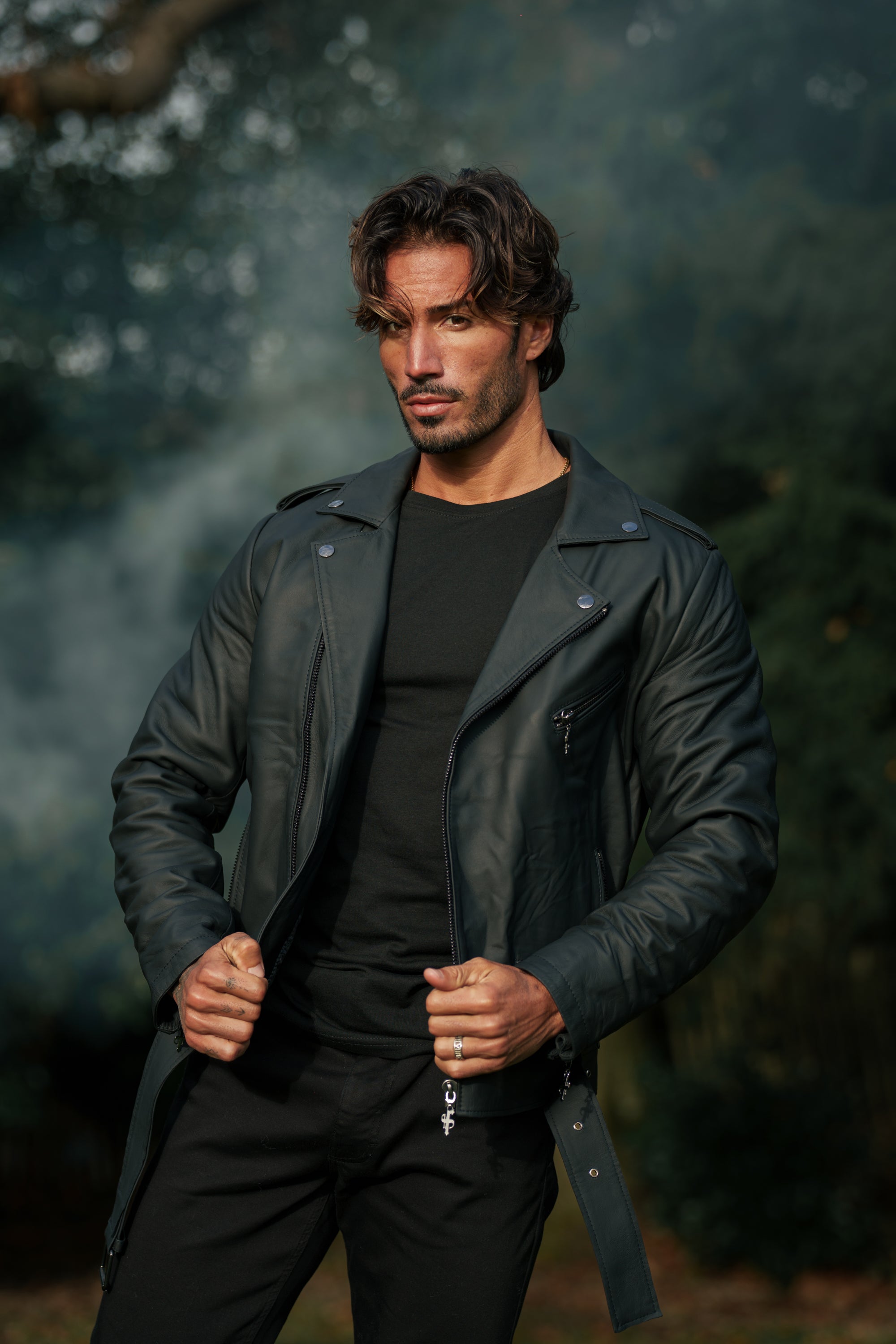 Father Sons Black Leather Jacket with Belt Detail - FSH313