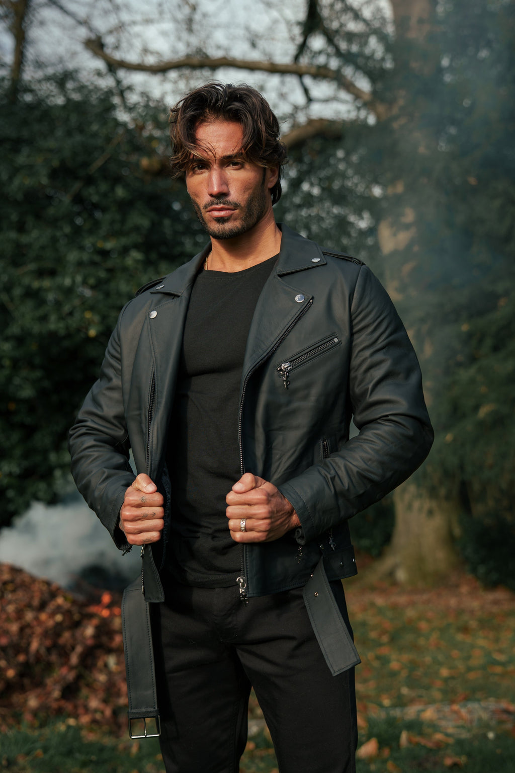 Father Sons Black Leather Jacket with Belt Detail - FSH313
