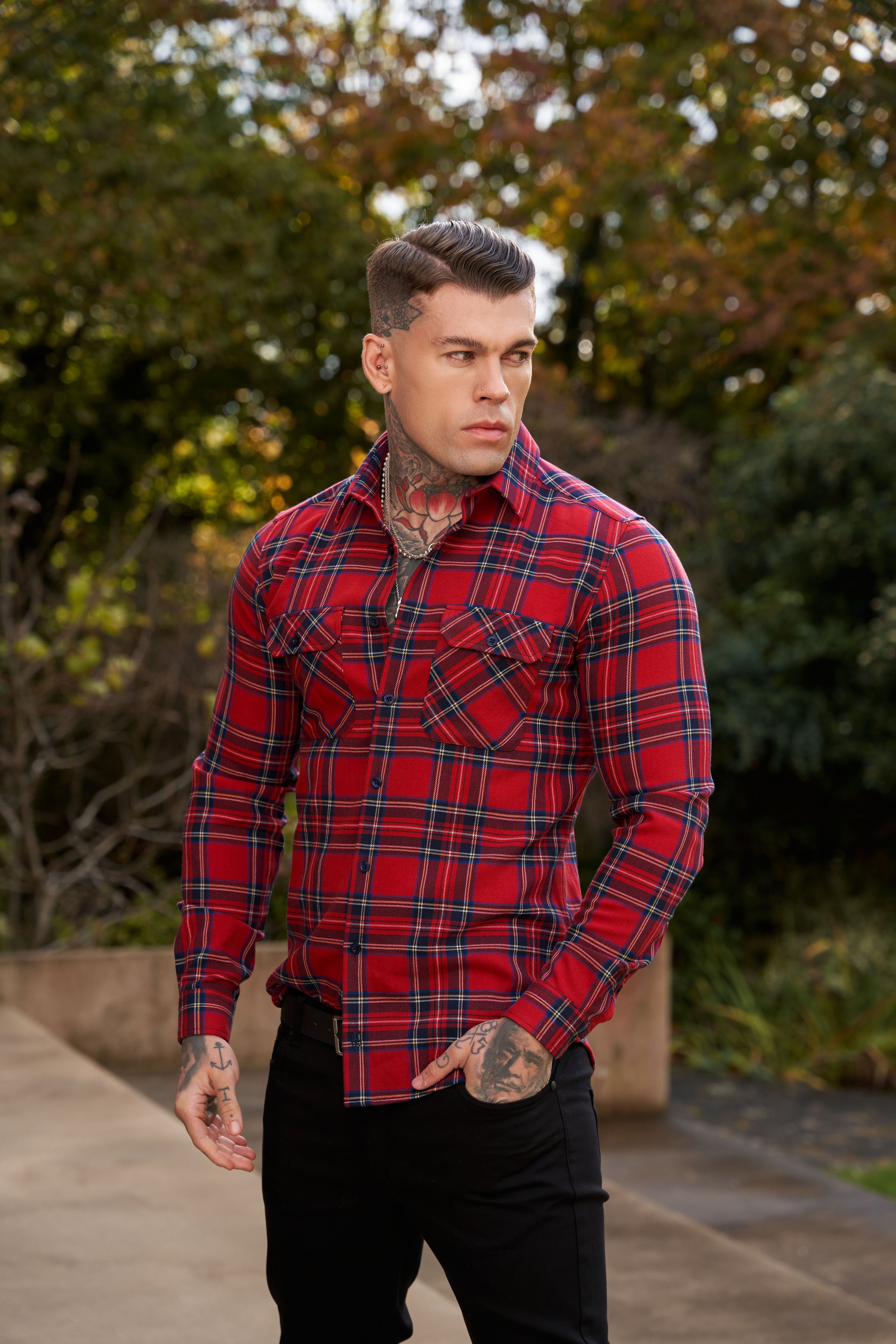 Father Sons Red Tartan Check Shacket With Double Pockets - FS1036
