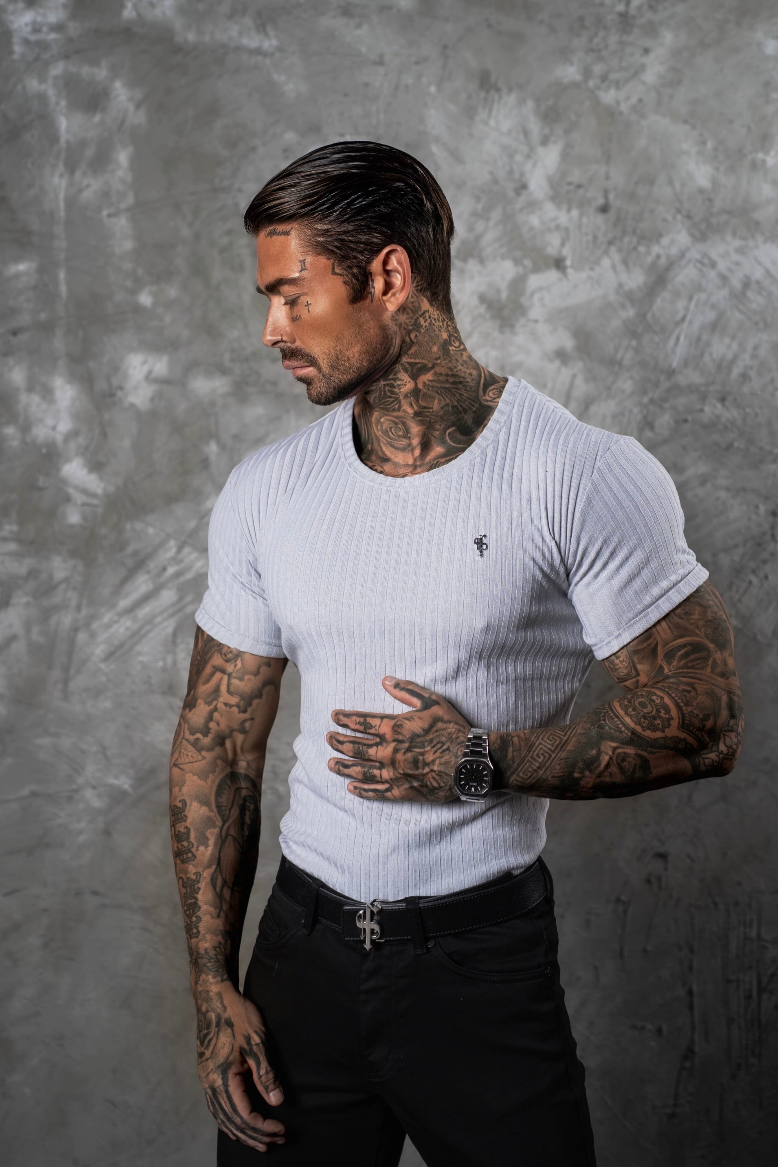 Father Sons Classic Light Grey / Silver Ribbed Knit Super Slim Short Sleeve Crew - FSH1085