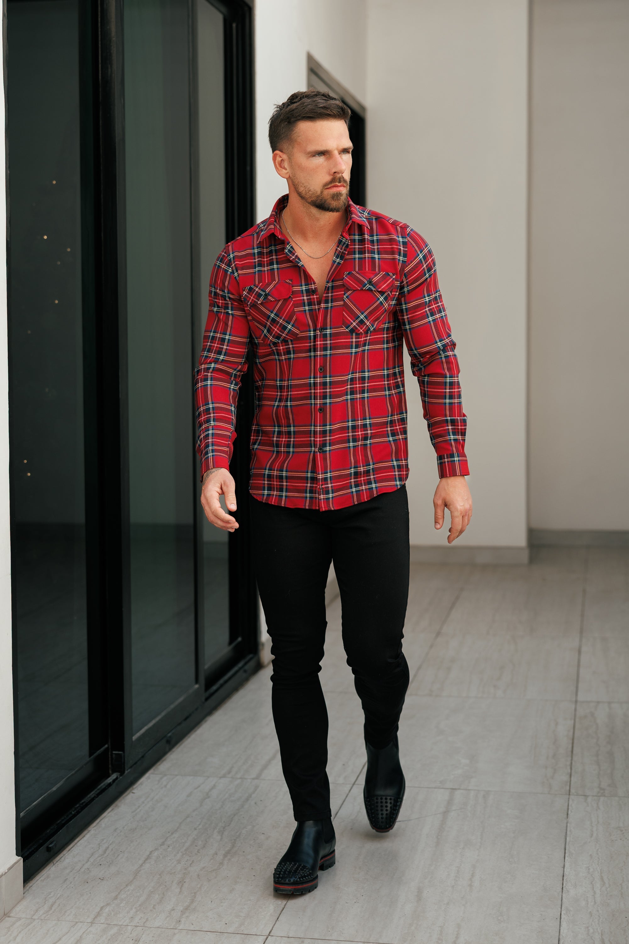 Father Sons Red Tartan Check Shacket With Double Pockets - FS1036