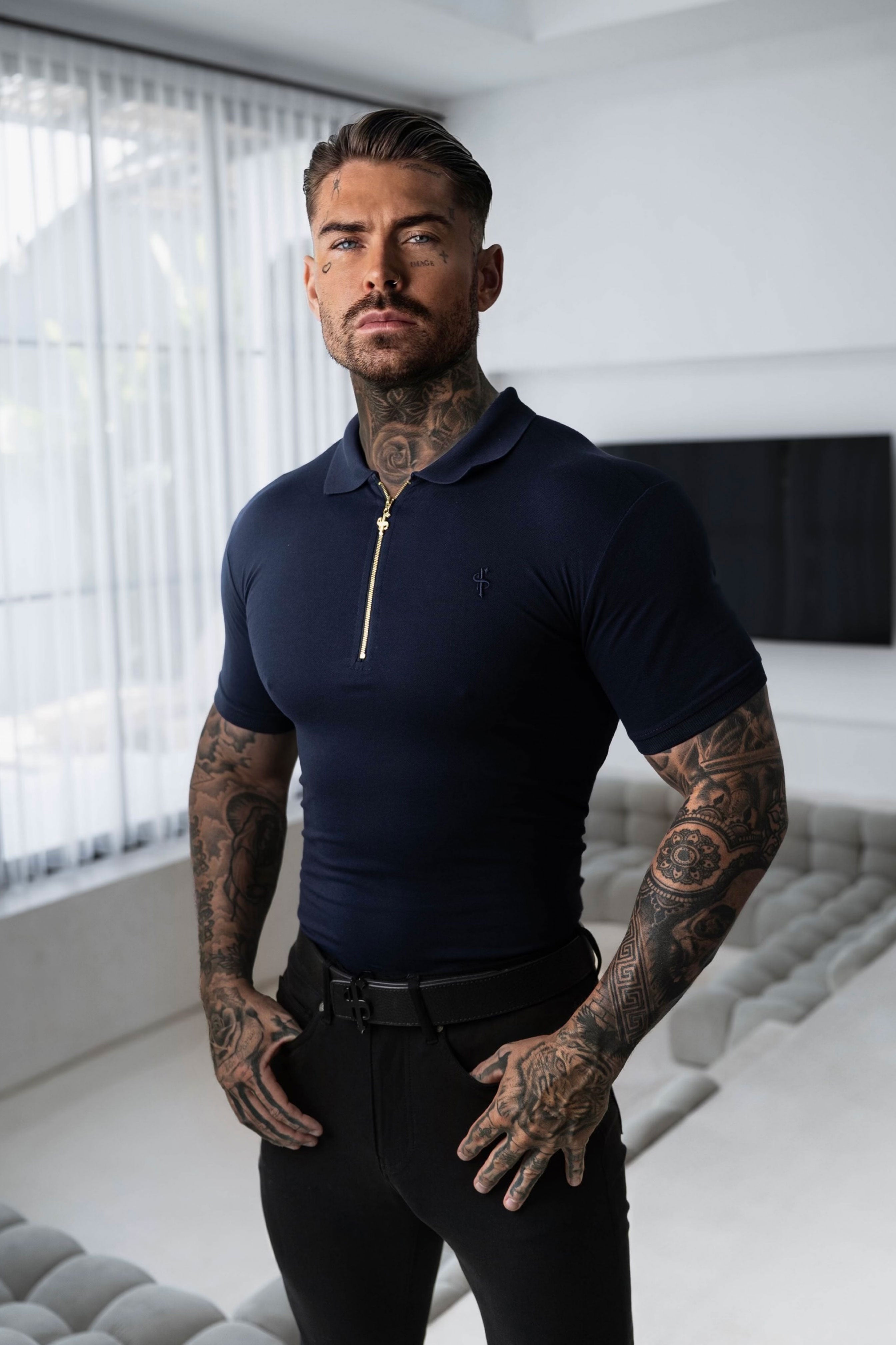 Father Sons Classic Navy and Gold Zipped Polo Shirt - FSH809