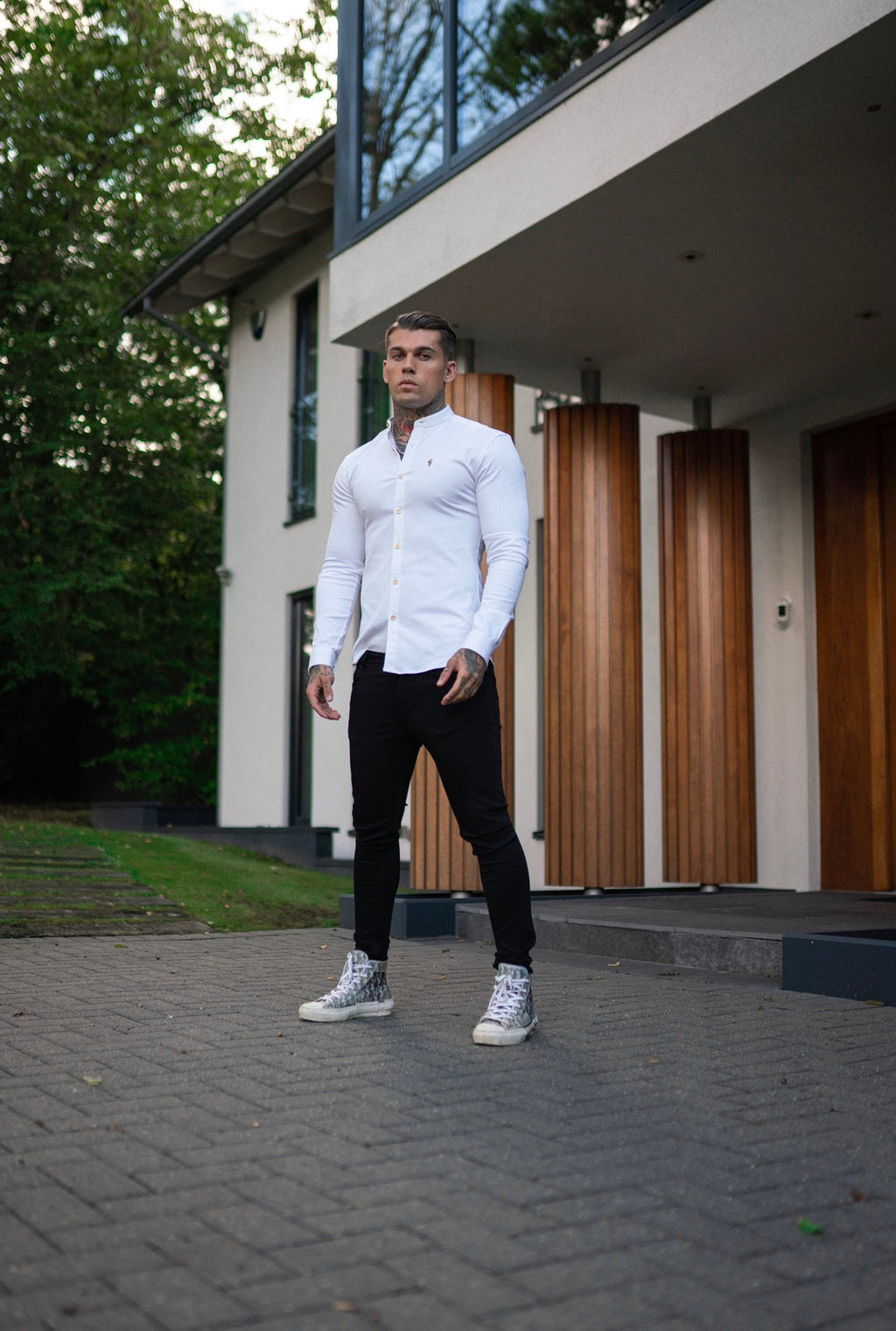 Father Sons Super Slim Stretch White Denim Long Sleeve Grandad collar with Metal Buttons and Decal Emblem - FS719