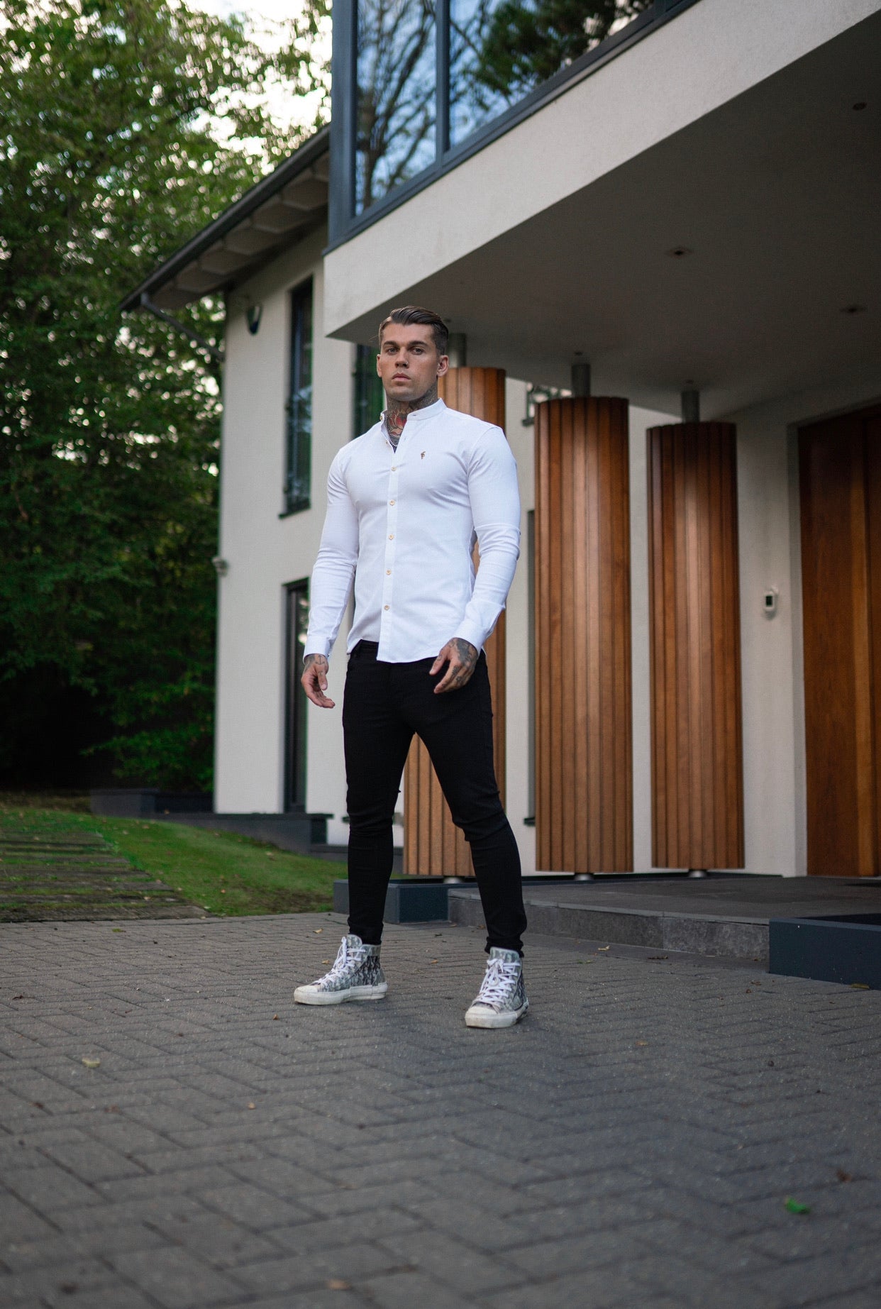 Father Sons Super Slim Stretch White Denim Long Sleeve Grandad collar with Metal Buttons and Decal Emblem - FS719