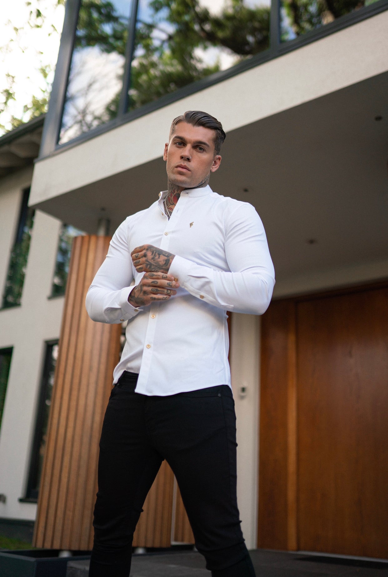 Father Sons Super Slim Stretch White Denim Long Sleeve Grandad collar with Metal Buttons and Decal Emblem - FS719