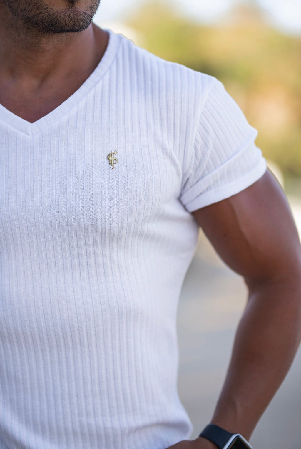 Father Sons Super Slim White / Gold V Neck Ribbed Crew - FSH498