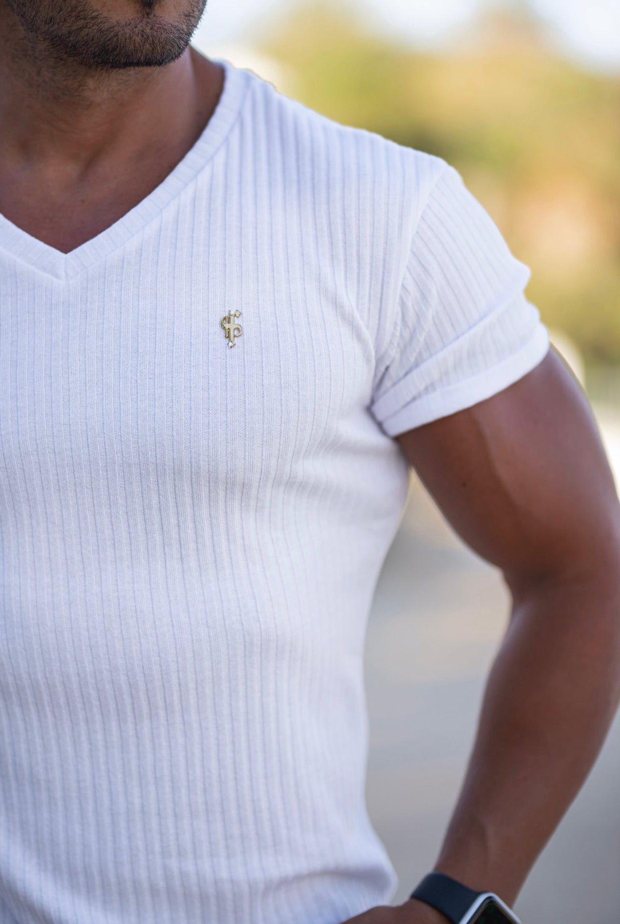 Father Sons Super Slim White / Gold V Neck Ribbed Crew - FSH498