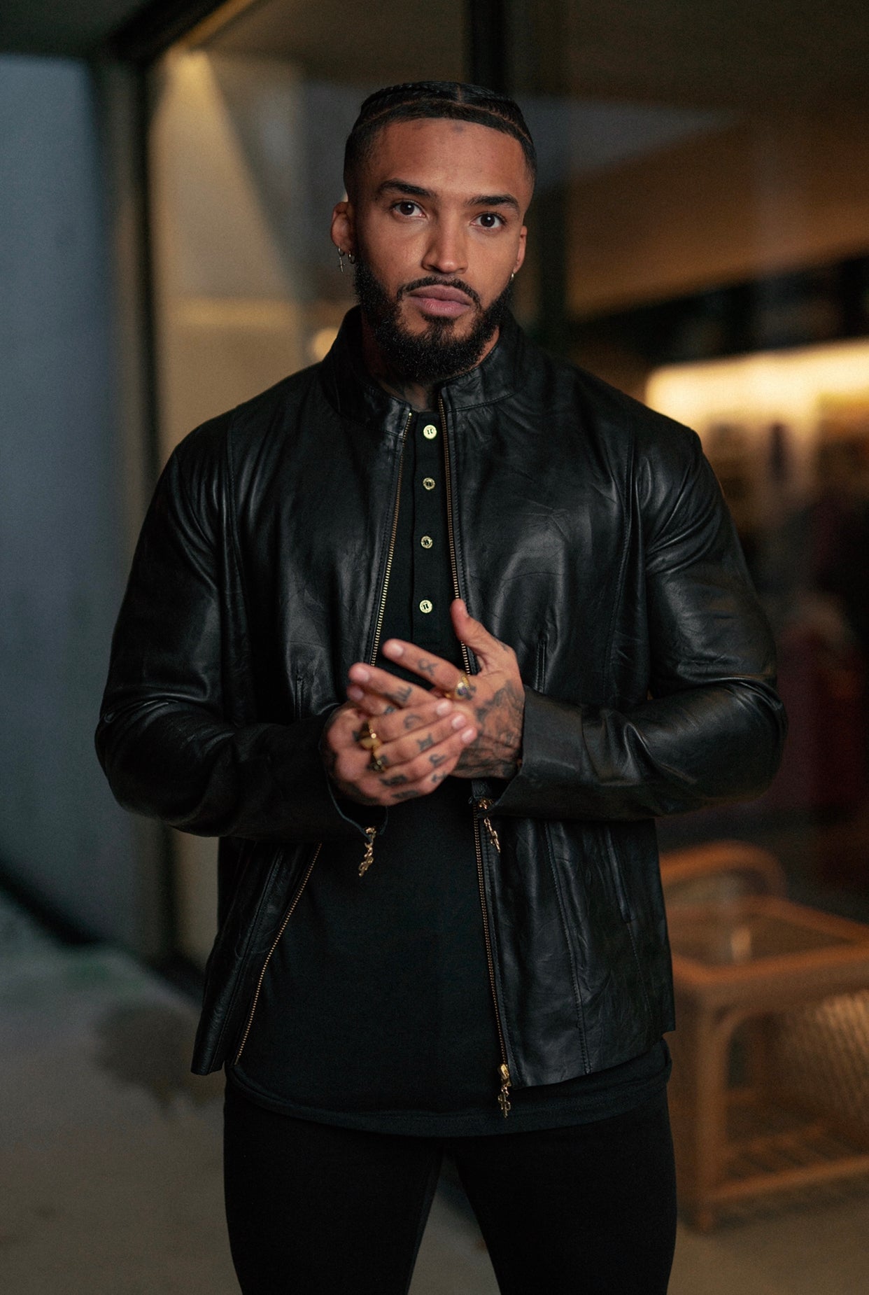 Father Sons Black Lambs Leather Jacket With Gold Zips - FSH610